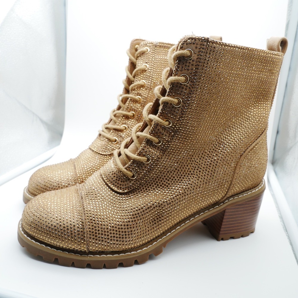 Comfort Gold Rhinestone Combat Boots Womens 10W Lace Up Side Zip Block Heel Lug
